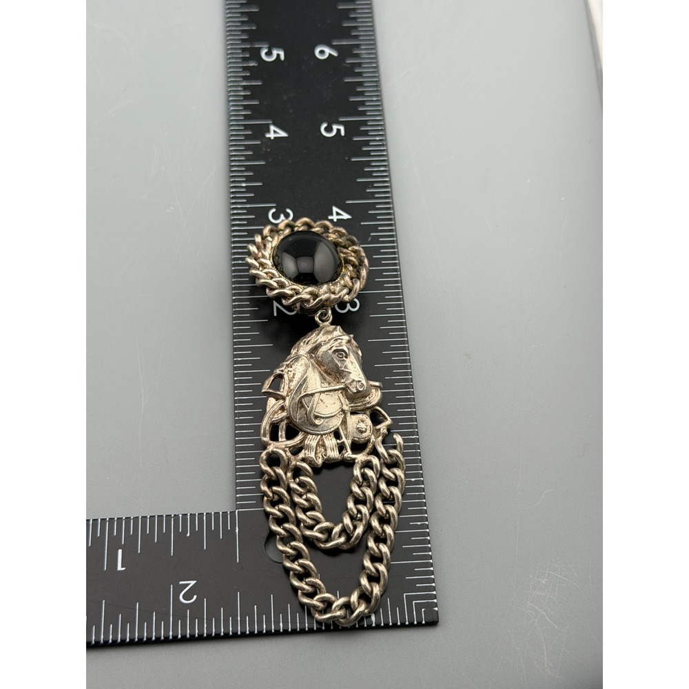Vintage Horse Earrings Black Cabochon Curb Chain Dangle Equestrian Clip On 3.75"